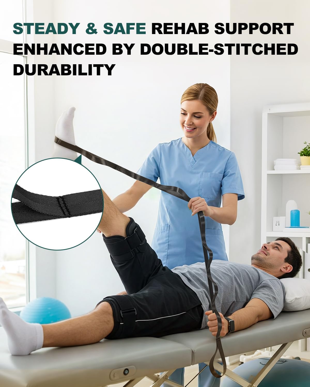 Non-elastic leg stretching strap for hamstrings