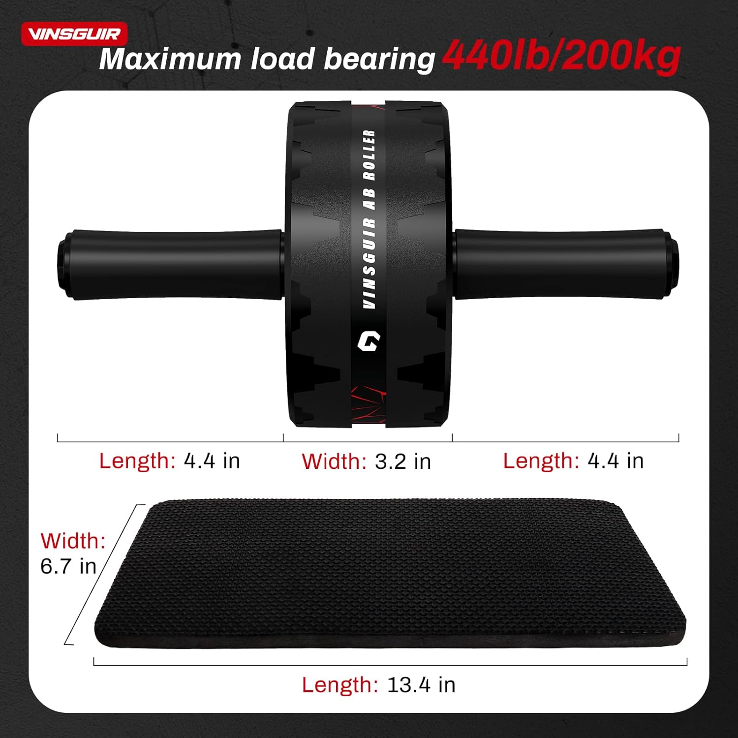 Black ab roller with Vinsguir branding and measurement details on a white background