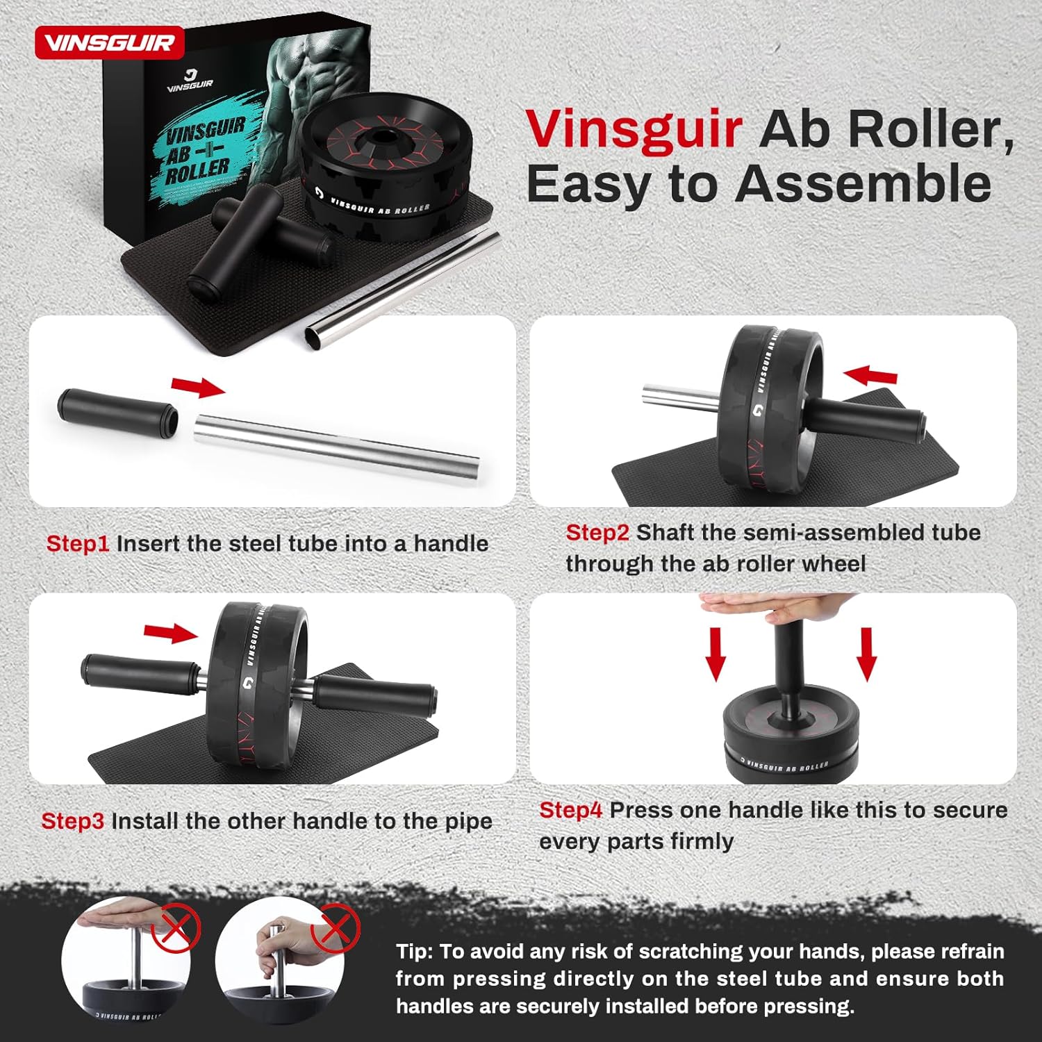 Vinsguir ab roller assembly instructions with product packaging on a gray background