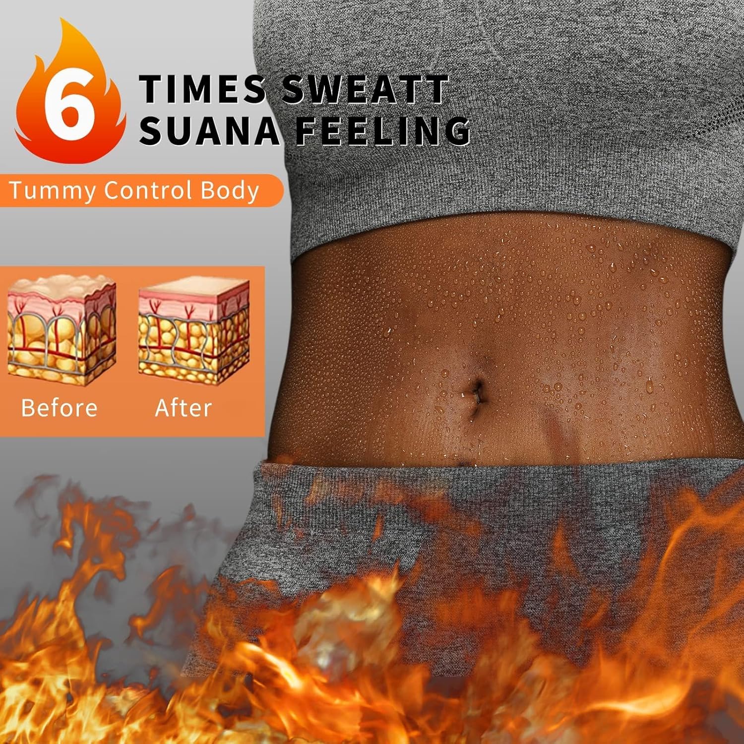 Person wearing a gray top with sweat on their tummy, showing '6 Times Sweatt Suana Feeling' text and 'Before' and 'After' skin comparison.
