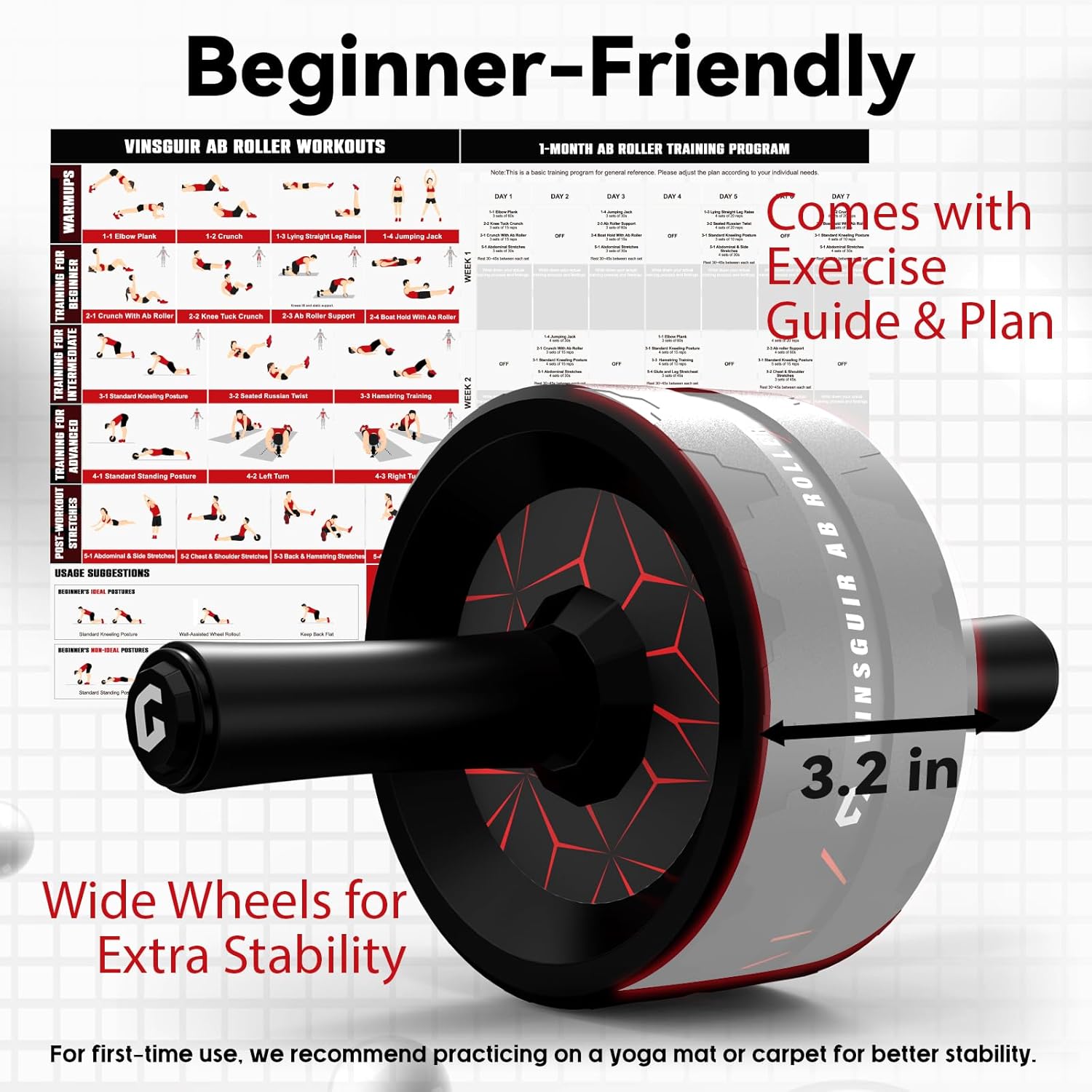 AB roller with exercise guide and plan on a white background