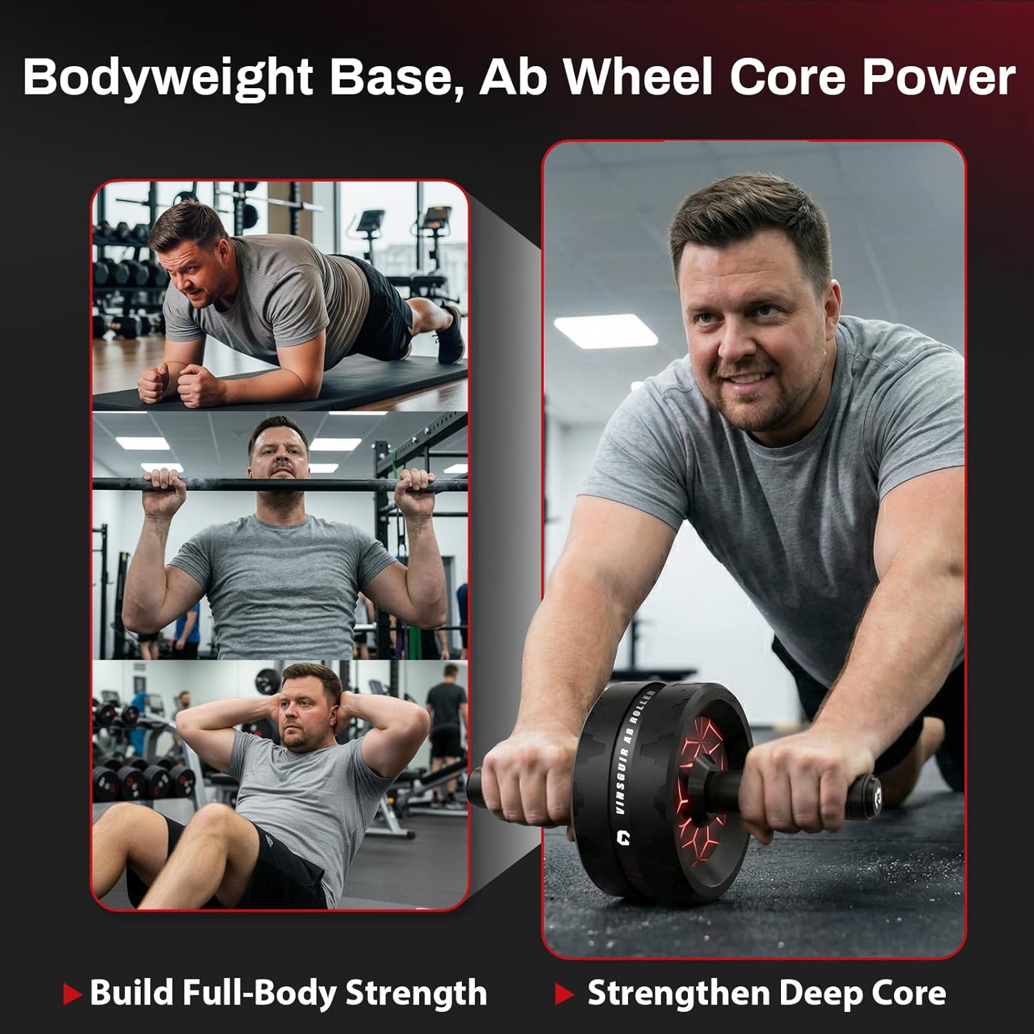 Man exercising with ab wheel and barbell in a gym setting, promoting bodyweight and core strength.