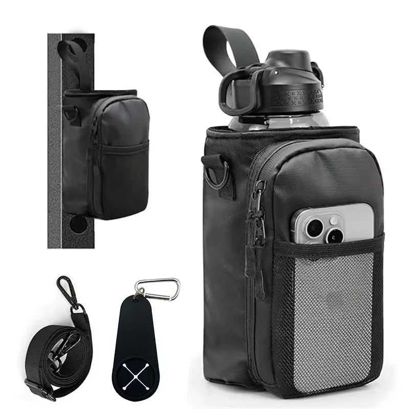 Ibada Magnetic Gym Water Bottle Carrier Bag with phone storage pocket, adjustable shoulder strap, and magnetic attachment for gym workouts, fitness, and outdoor activities.