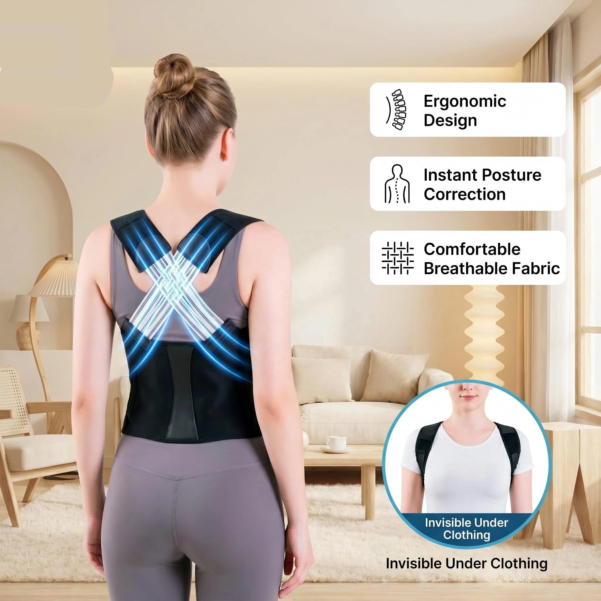 Breathable posture corrector worn discreetly under clothing